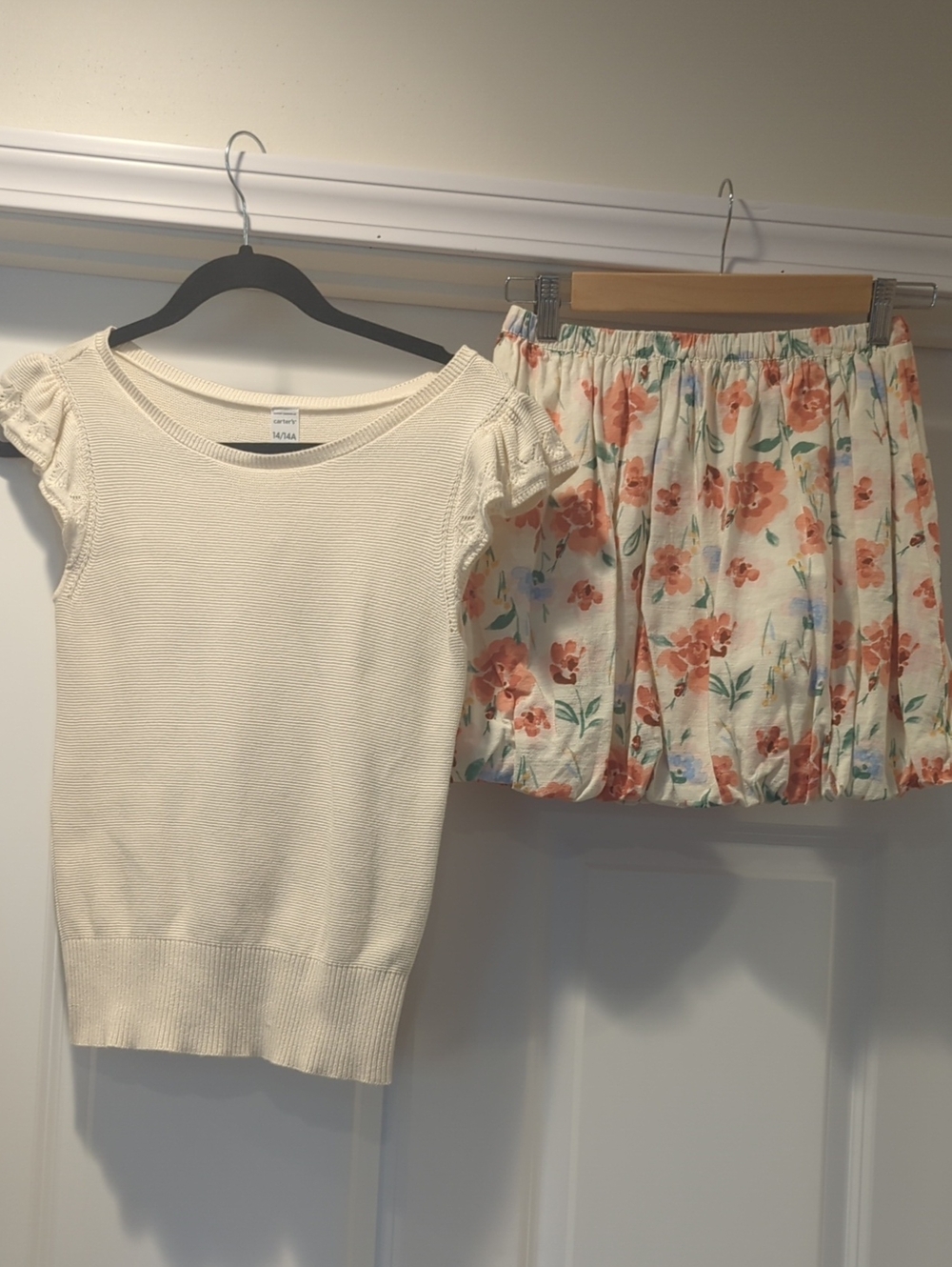 Carter's Cream Knit Short Sleeve Top with Peach Floral Skirt